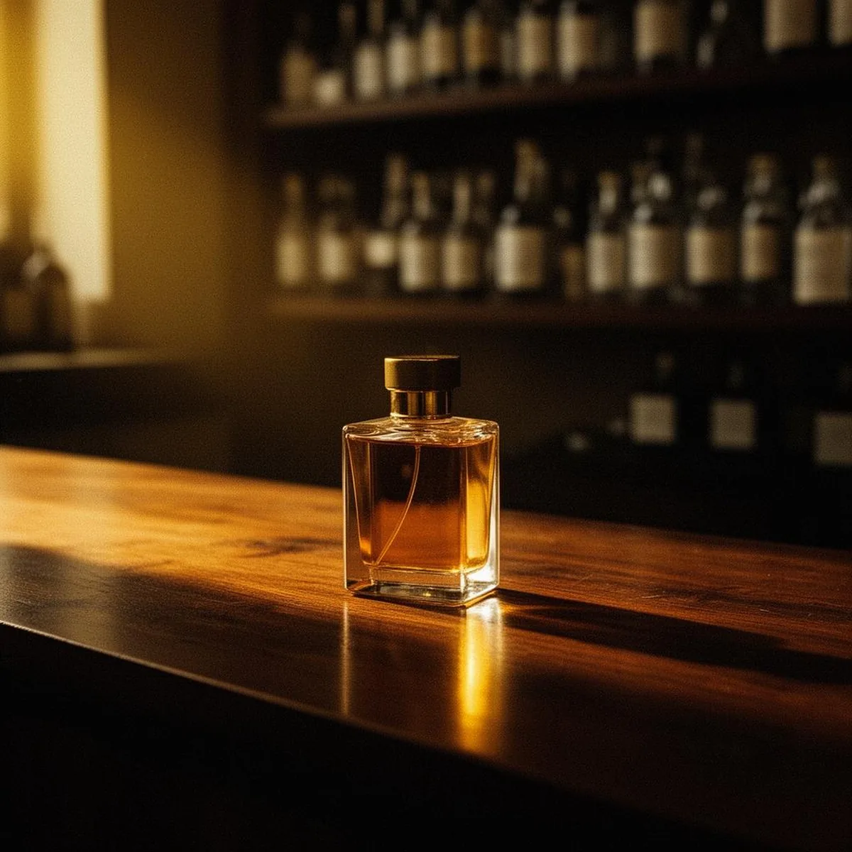 Frasco de perfume ámbar sobre madera oscura en la boutique Capra d'Oro de Pereira, luz cálida y tenue de noche.