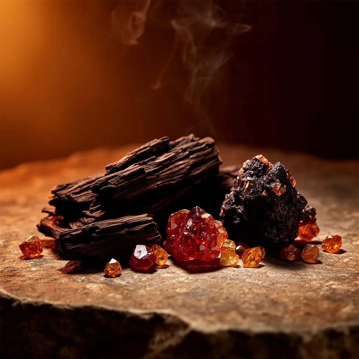 Astillas de oud y cristales de ámbar sobre piedra cálida con un hilo de humo, atmósfera resinosa de perfumería árabe.